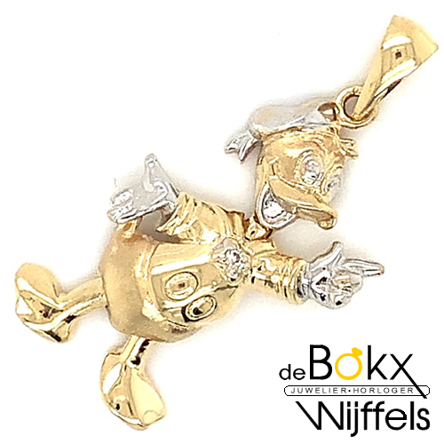 geel en wit gouden Donald duck hanger met diamant - 52197