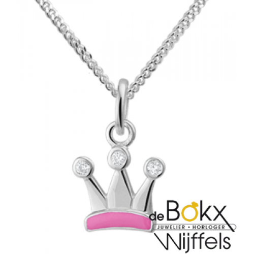 ketting met hanger kroontje roze en 3 zirkonia steentjes - 53707