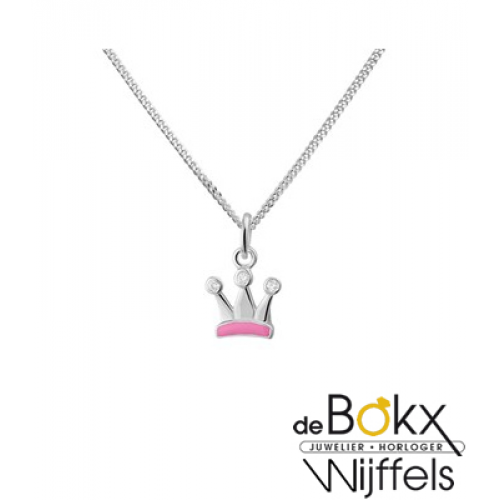 ketting met hanger kroontje roze en 3 zirkonia steentjes - 53707