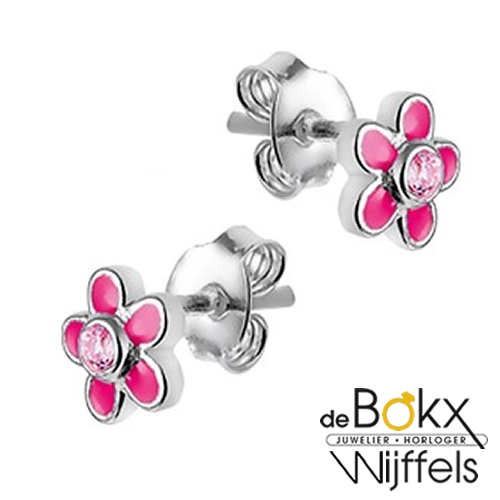 Oorknoppen zilver roze bloem - 54782