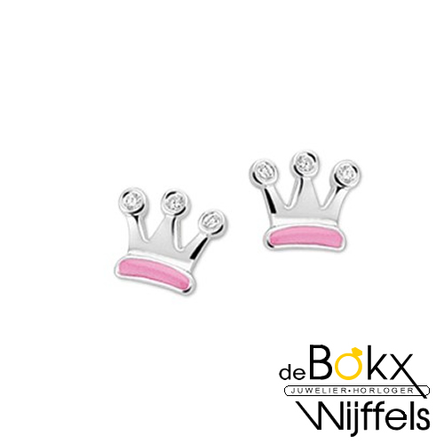 Zilver gerhodineerd oorknoppen kroon roze emaille - 54958