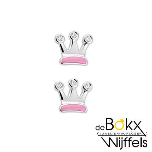 Zilver gerhodineerd oorknoppen kroon roze emaille - 54958