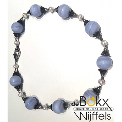 Blauwe Calcedon kralenketting met parel - 57169