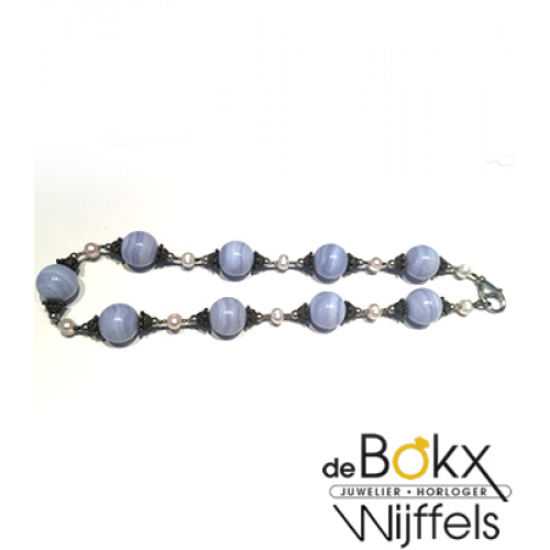 Blauwe Calcedon kralenketting met parel - 57169