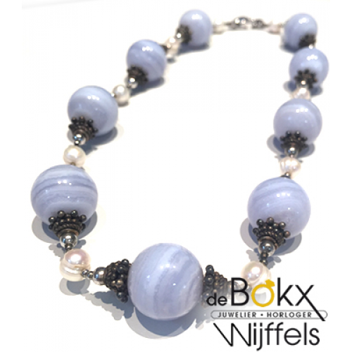 Blauwe Calcedon kralenketting met parel - 57169