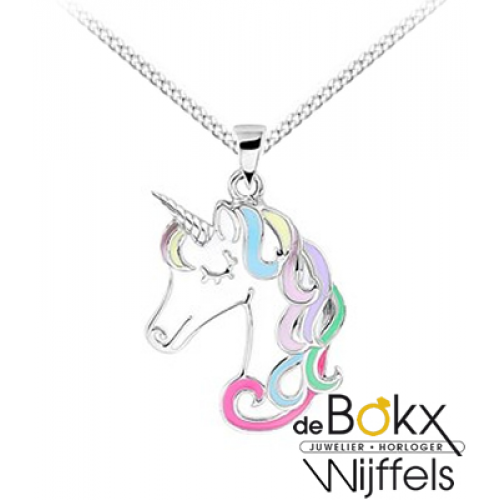 unicorn / eenhoorn met ketting zilver emaille 38cm - 56752