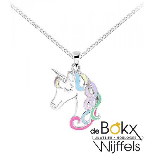 unicorn / eenhoorn met ketting zilver emaille 38cm - 56752