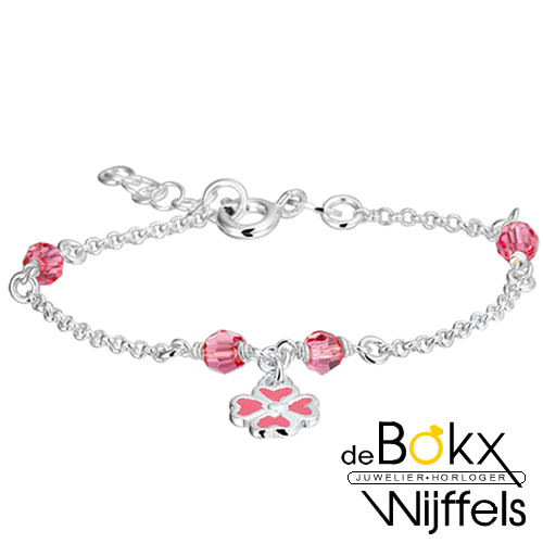 bedelarmband met roze bloem en zilveren jaseron schakel 15cm - 55603