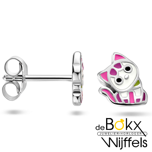 oorknoppen poes / kat in zilver met emaille - 58527