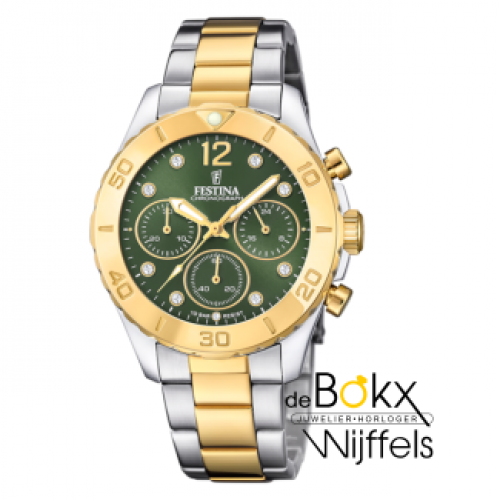 festina dames groen horloge staal en goudkleurig boyfriend collectie F20604-2 - 600741