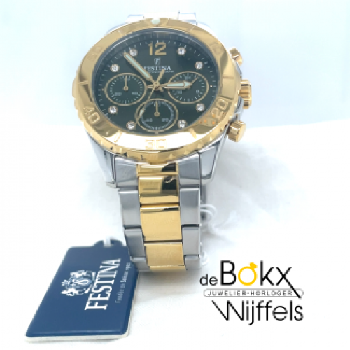 festina dames groen horloge staal en goudkleurig boyfriend collectie F20604-2 - 600741