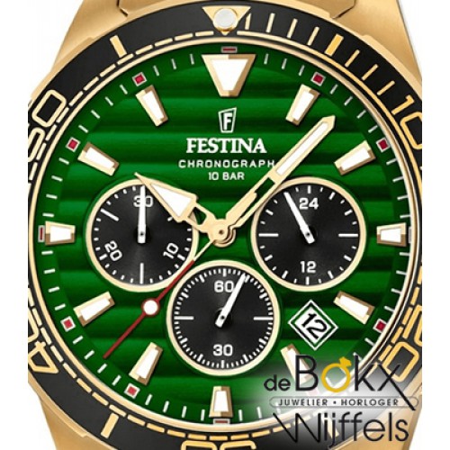plastic bros labyrint Horloge - Goudkleurige stalen horloge van Festina met groene wijzerplaat,  dit fantastische horloge is 10 bar waterdicht en heeft een chronograaf  kwaliteitsuurwerk met datum en is afgewerkt met een mineraalglas.Wij zijn  officieel